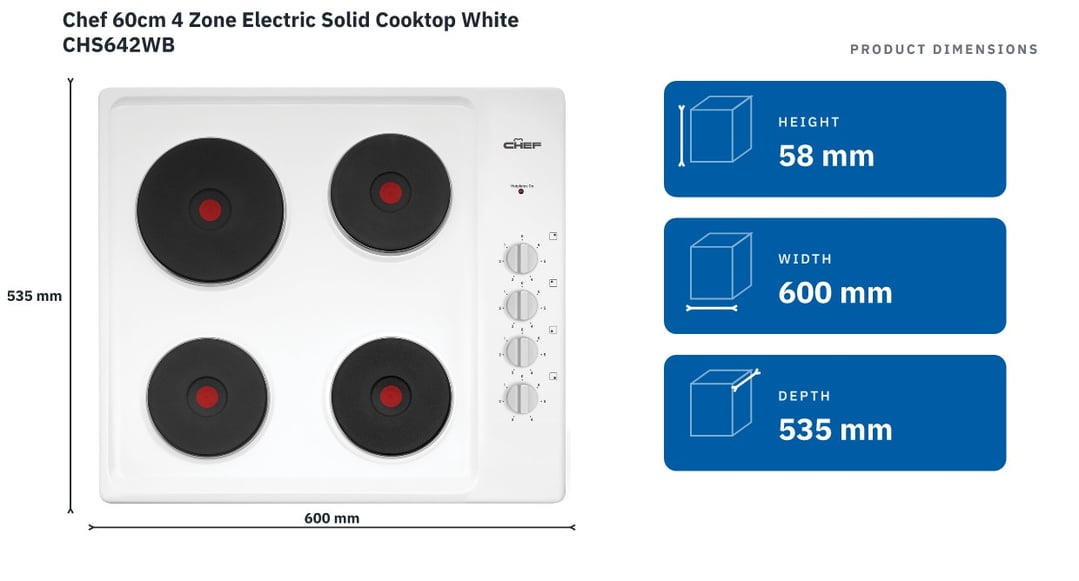 Chef 60cm 4 Zone Electric Solid Cooktop White CHS642WB — product dimensions
