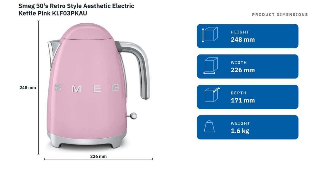 Smeg 50's Retro Style Aesthetic Electric Kettle Pink KLF03PKAU — product dimensions