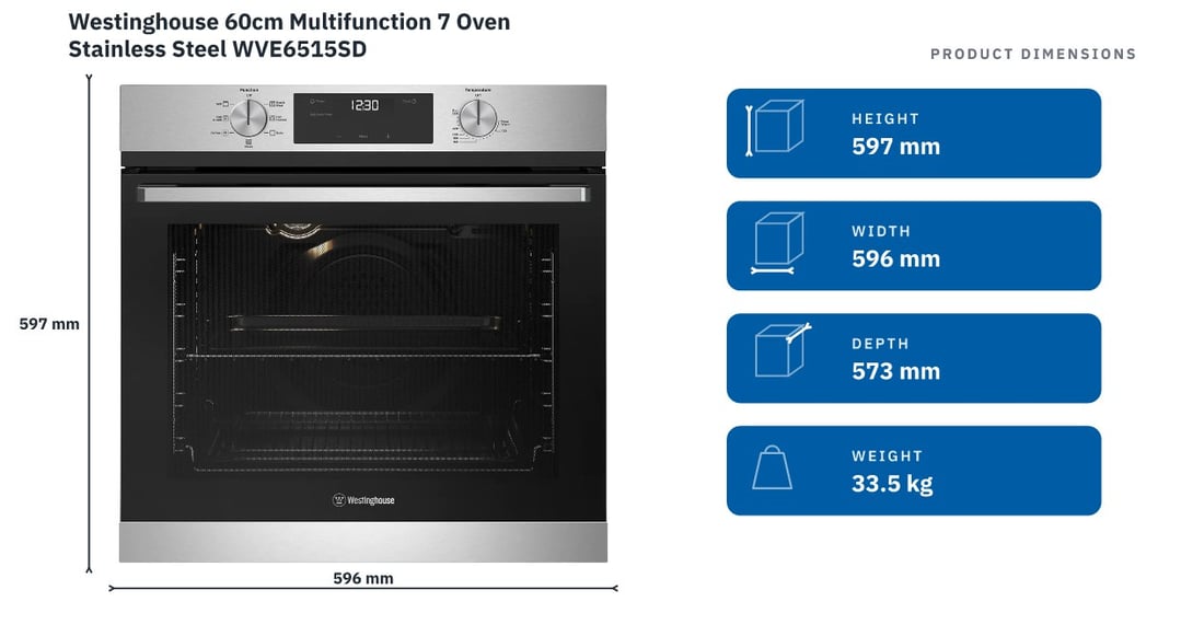 Westinghouse 60cm Multifunction 7 Oven Stainless Steel WVE6515SD — product dimensions