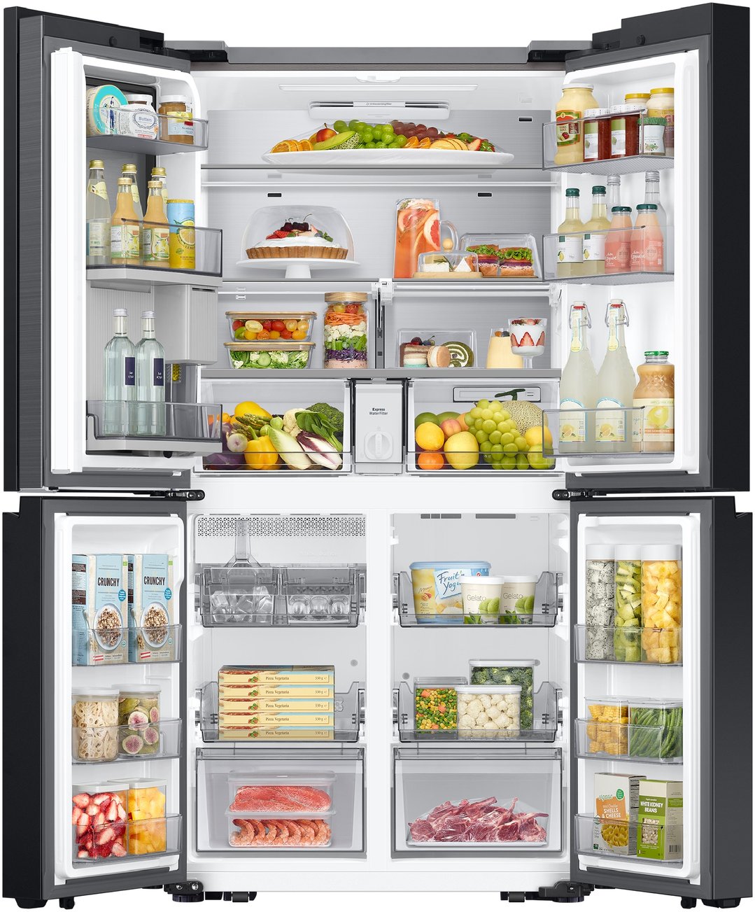 Open SAMSUNG 646L Bespoke 4-Door French Door Refrigerator filled with food items