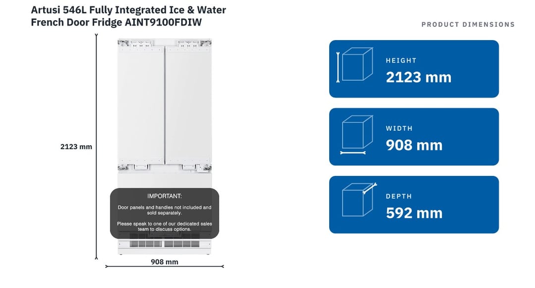 Artusi 546L Fully Integrated Ice & Water French Door Fridge AINT9100FDIW