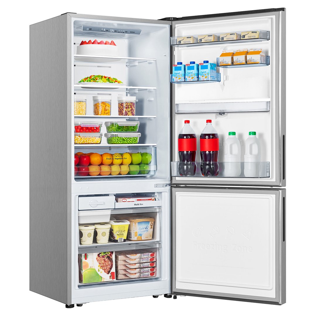 Open silver bottom mount fridge with food and drinks inside