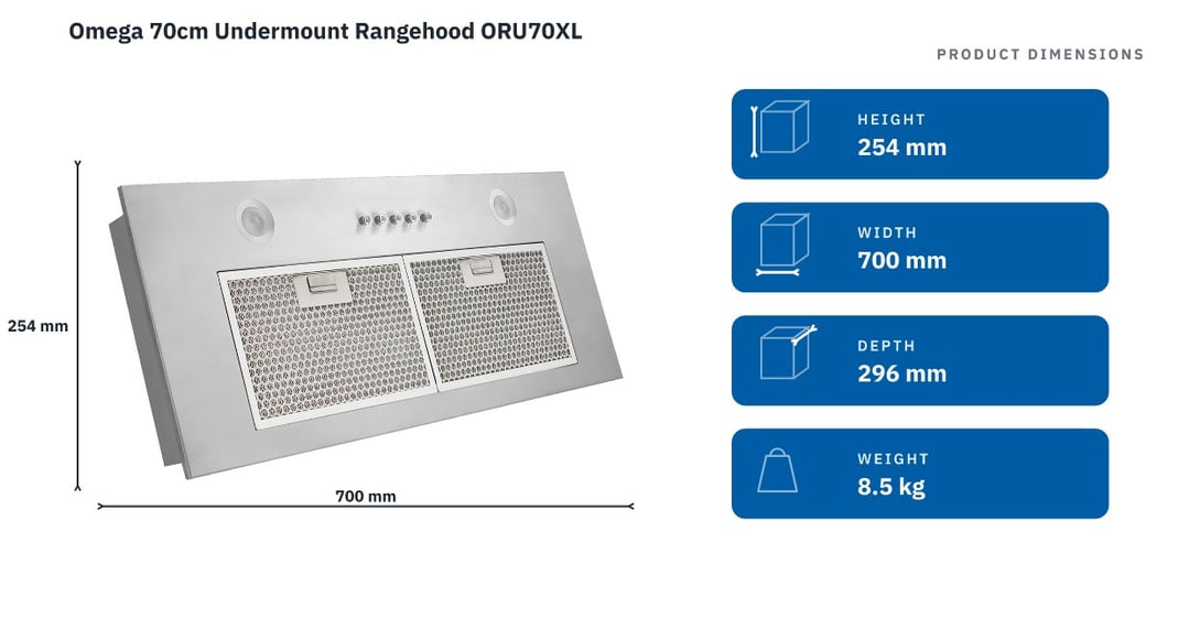 Omega 70cm Undermount Rangehood ORU70XL — product dimensions