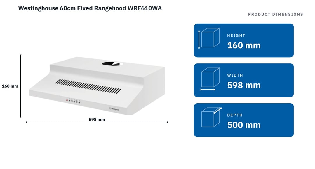 Westinghouse 60cm Fixed Rangehood WRF610WA — product dimensions