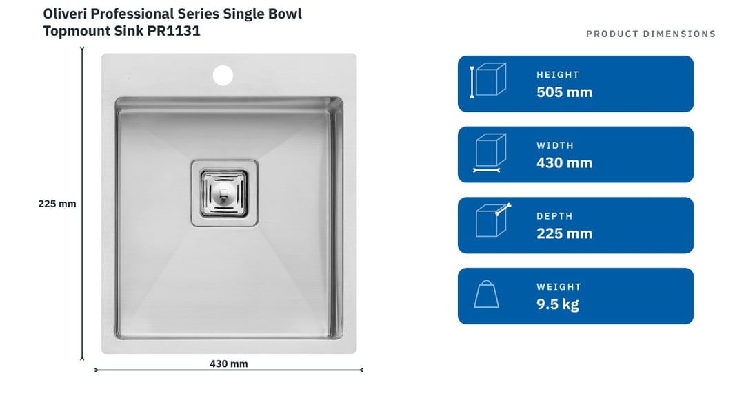 Oliveri Professional Series Single Bowl Topmount Sink PR1131 — product dimensions