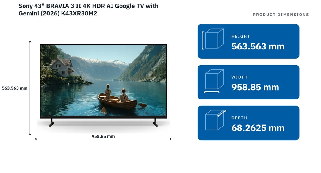 Sony 43" BRAVIA 3 II 4K HDR AI Google TV with Gemini (2026) K43XR30M2 — product dimensions