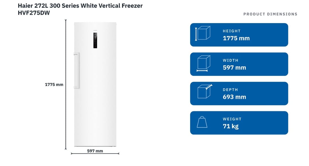 Haier 272L 300 Series White Vertical Freezer HVF275DW — product dimensions