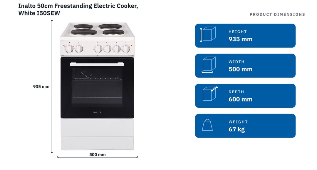 Inalto 50cm Freestanding Electric Cooker, White I50SEW — product dimensions