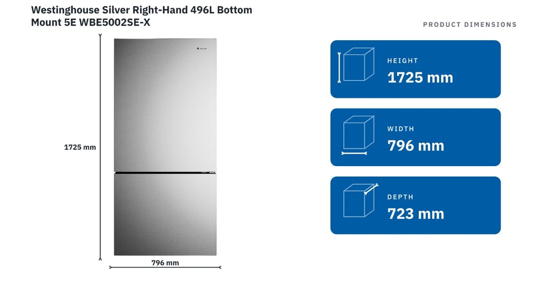 Westinghouse Silver Right-Hand 496L Bottom Mount 5E WBE5002SE-X — product dimensions
