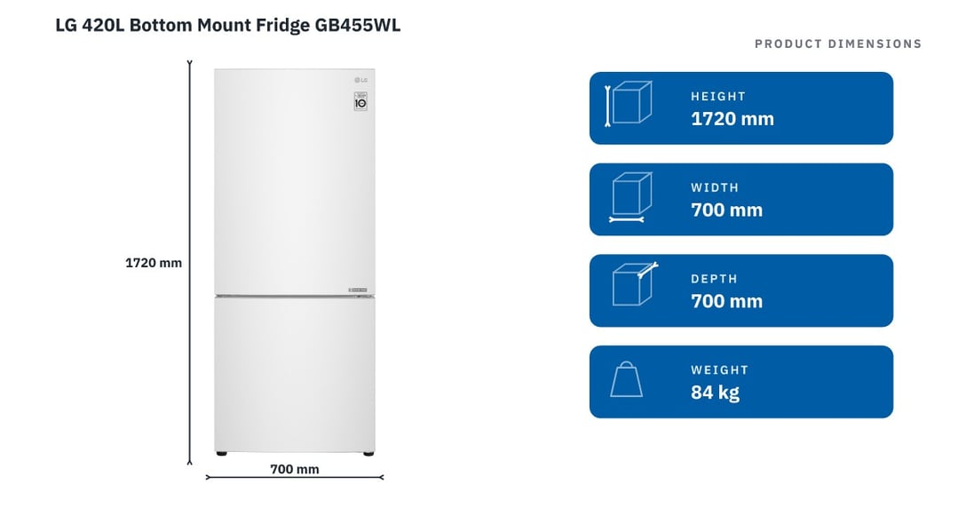 LG 420L Bottom Mount Fridge GB455WL — product dimensions