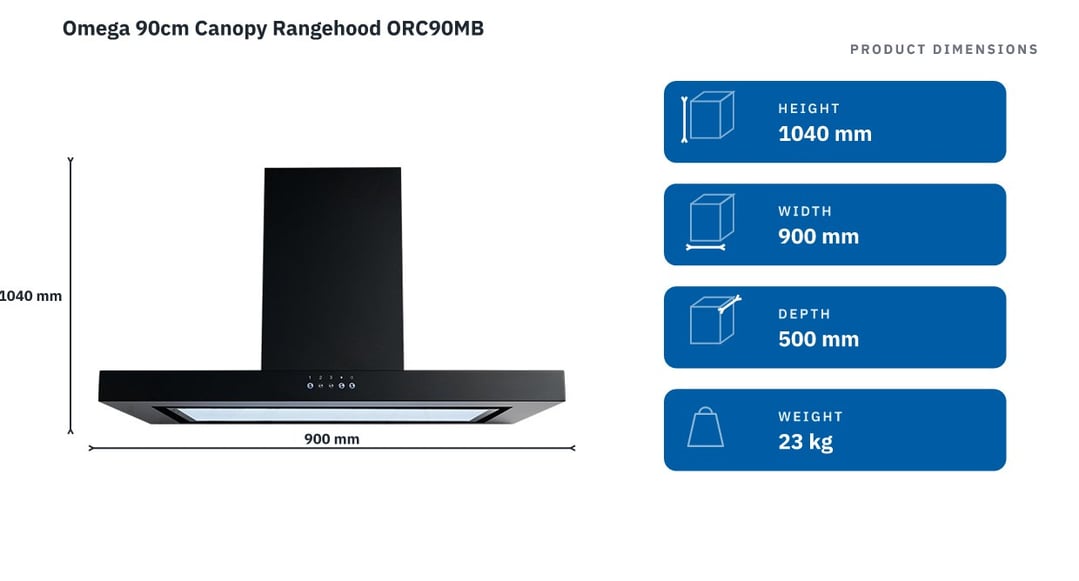 Omega 90cm Canopy Rangehood ORC90MB — product dimensions