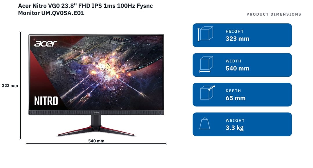 Acer Nitro VG0 23.8" FHD IPS 1ms 100Hz Fysnc Monitor UM.QV0SA.E01 — product dimensions