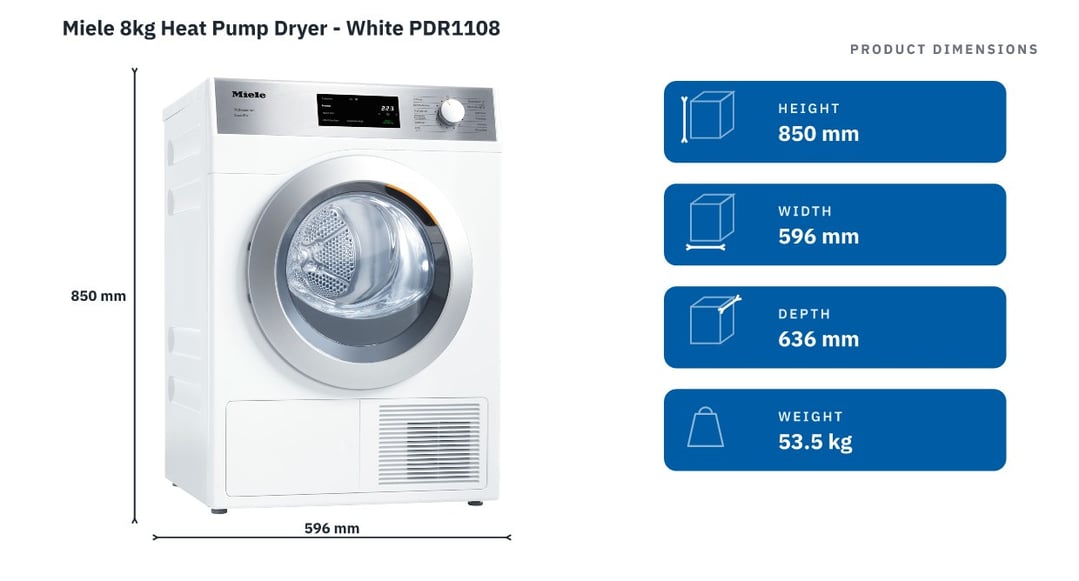 Miele 8kg Heat Pump Dryer - White PDR1108 — product dimensions