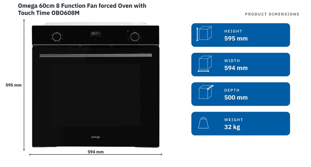 Omega 60cm 8 Function Fan forced Oven with Touch Time OBO608M