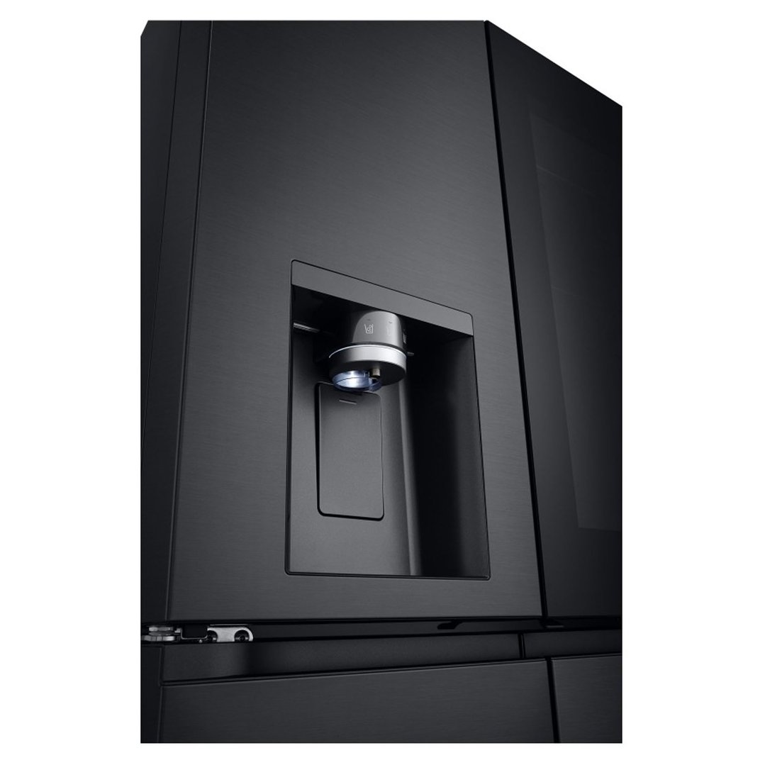Close up of the matte black French door fridge's water dispenser