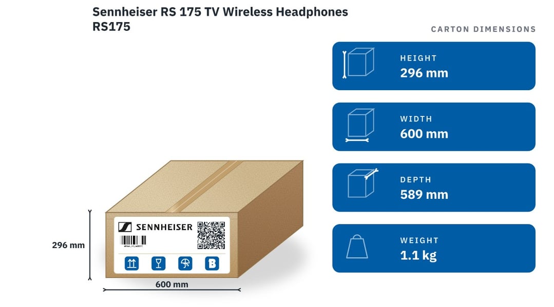Sennheiser RS 175 TV Wireless Headphones RS175 — packaged dimensions