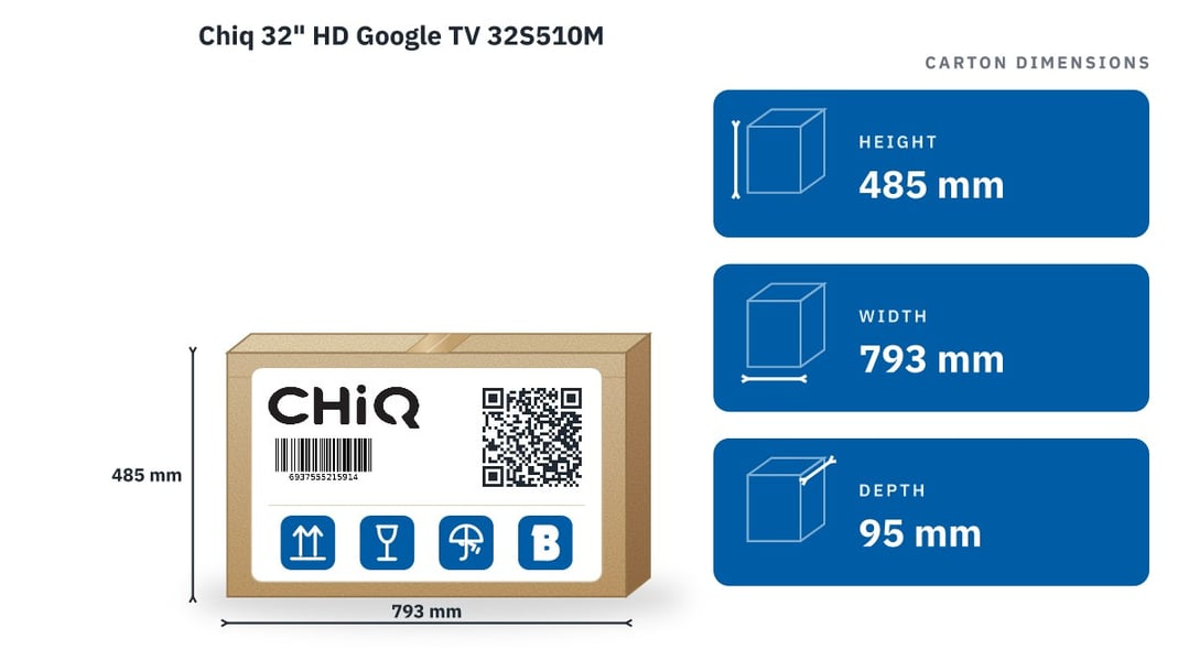 Chiq 32" HD Google TV 32S510M — packaged dimensions