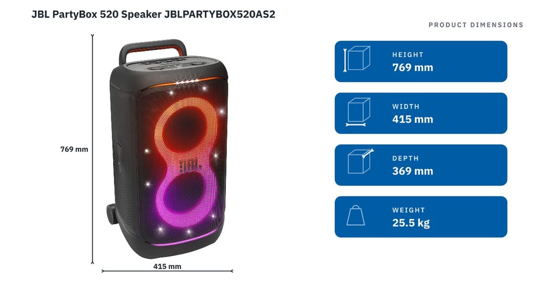 JBL PartyBox 520 Speaker JBLPARTYBOX520AS2 — product dimensions