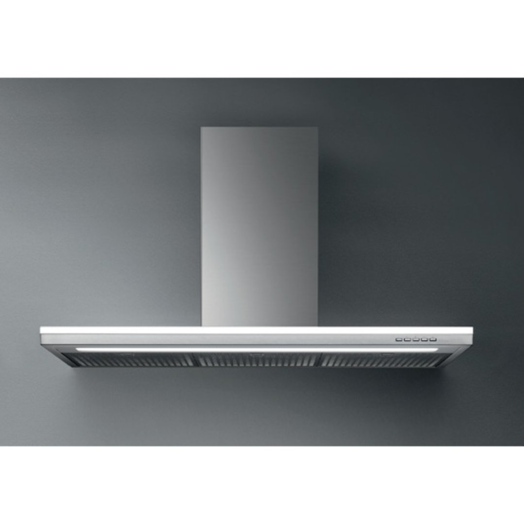 A stainless steel wall canopy rangehood mounted on a dark grey wall