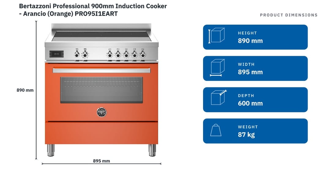 Bertazzoni Professional 900mm Induction Cooker - Arancio (Orange) PRO95I1EART — product dimensions