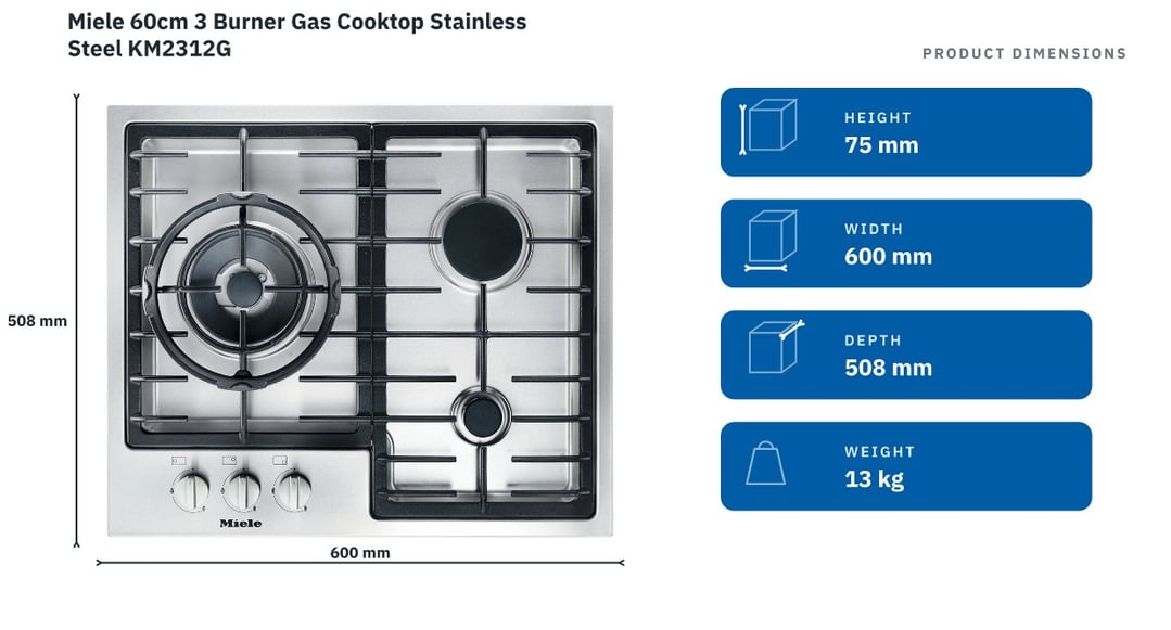 Miele 60cm 3 Burner Gas Cooktop Stainless Steel KM2312G
