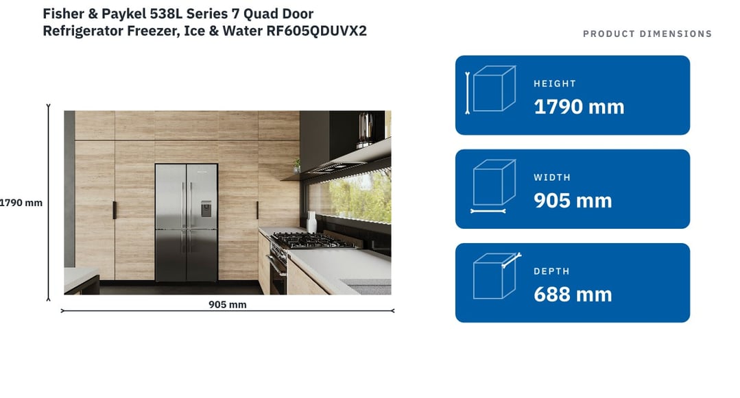Fisher & Paykel 538L Series 7 Quad Door Refrigerator Freezer, Ice & Water RF605QDUVX2 — product dimensions