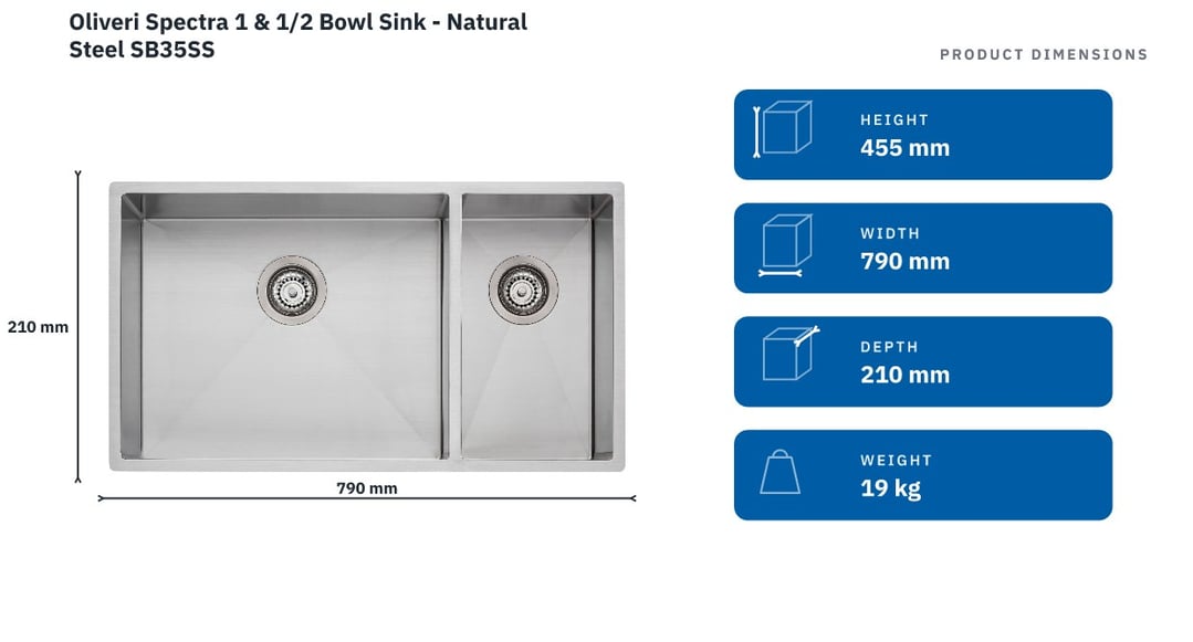 Oliveri Spectra 1 & 1/2 Bowl Sink - Natural Steel SB35SS — product dimensions