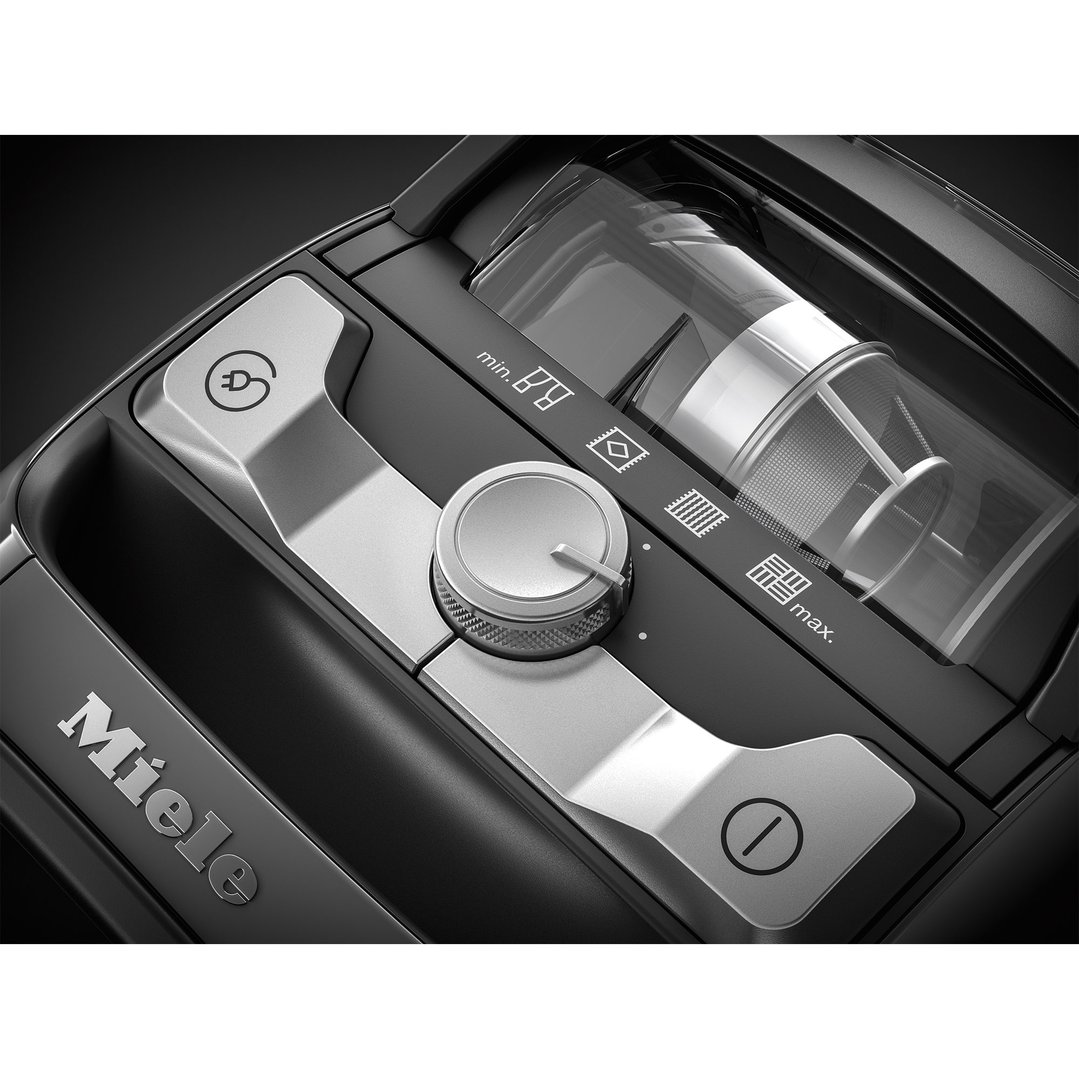 Close up of the controls and dustbin of a Miele vacuum cleaner