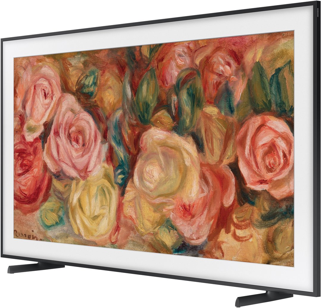 Samsung The Frame QLED 4K Smart TV displaying a painting of roses on a stand