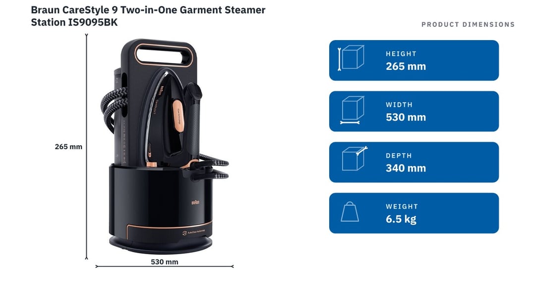 Braun CareStyle 9 Two-in-One Garment Steamer Station IS9095BK — product dimensions