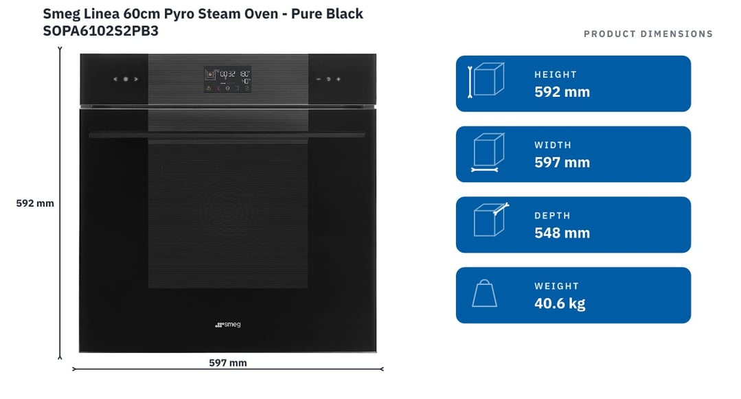 Smeg Linea 60cm Pyro Steam Oven - Pure Black SOPA6102S2PB3 — product dimensions