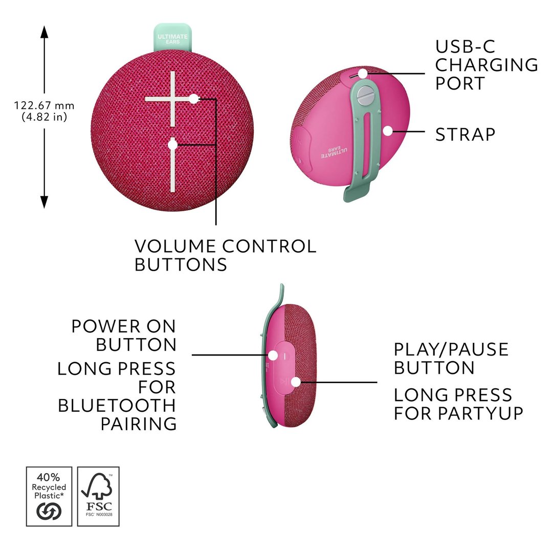 Ultimate Ears MINIROLL Portable Bluetooth Speaker - Pink 984-002036