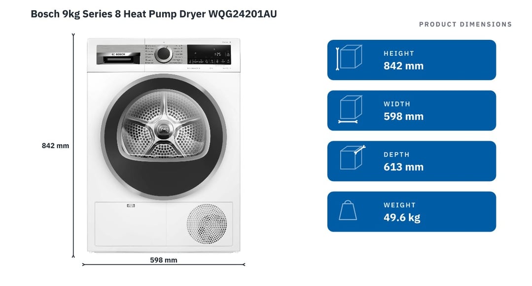 Bosch 9kg Series 8 Heat Pump Dryer WQG24201AU — product dimensions