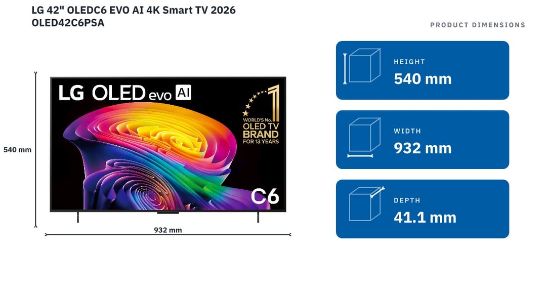 LG 42" OLEDC6 EVO AI 4K Smart TV 2026 OLED42C6PSA — product dimensions