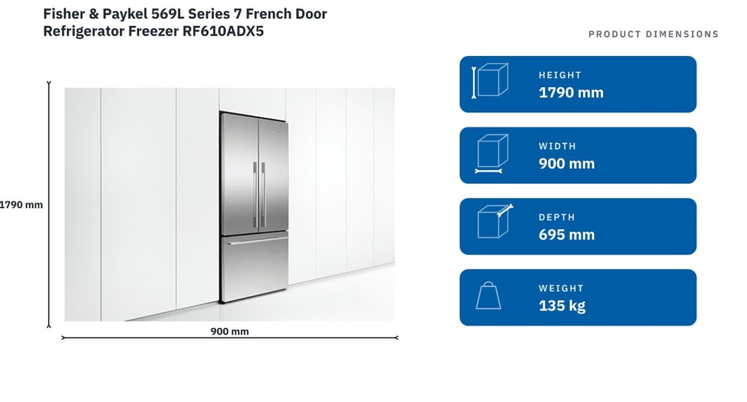 Fisher & Paykel 569L Series 7 French Door Refrigerator Freezer RF610ADX5 — product dimensions