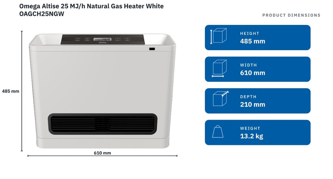 Omega Altise 25 MJ/h Natural Gas Heater White OAGCH25NGW — product dimensions
