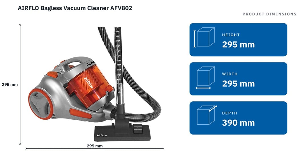 AIRFLO Bagless Vacuum Cleaner AFV802 — product dimensions