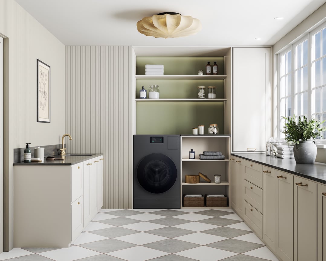 AI Heat Pump Washer Dryer Combo in a modern laundry room