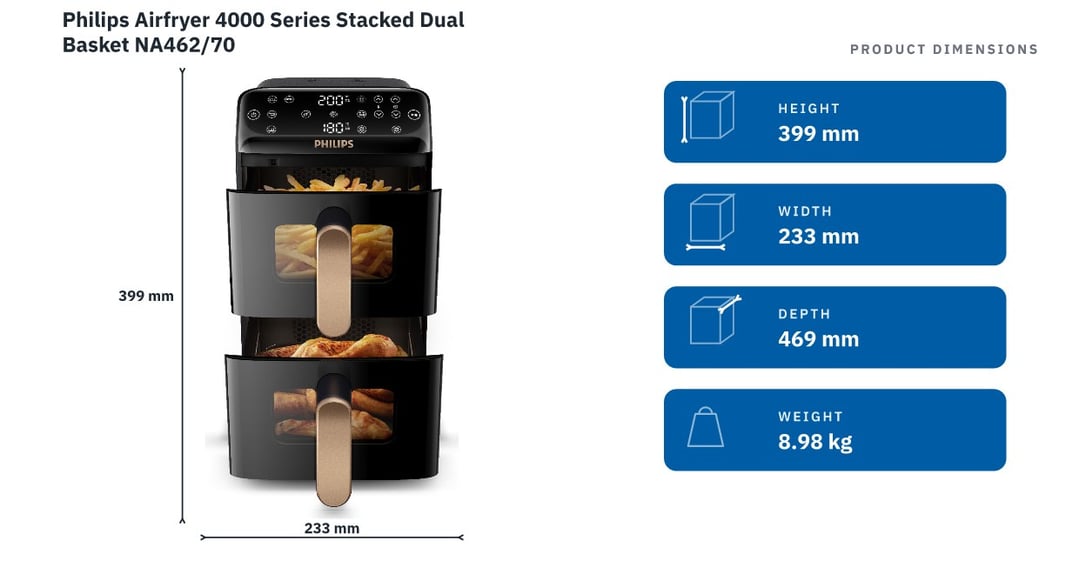 Philips Airfryer 4000 Series Stacked Dual Basket NA462/70 — product dimensions