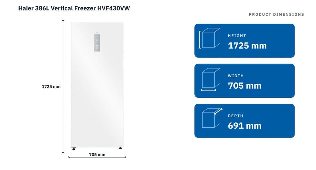 Haier 386L Vertical Freezer HVF430VW — product dimensions