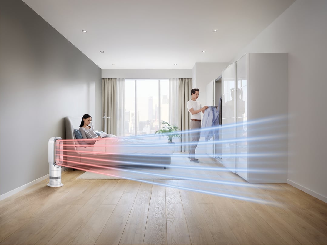 Dyson fan heater in a bedroom with a woman on the bed and a man dressing