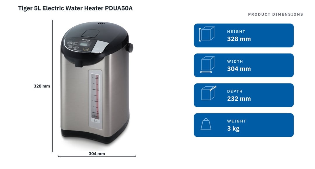 Tiger 5L Electric Water Heater PDUA50A — product dimensions