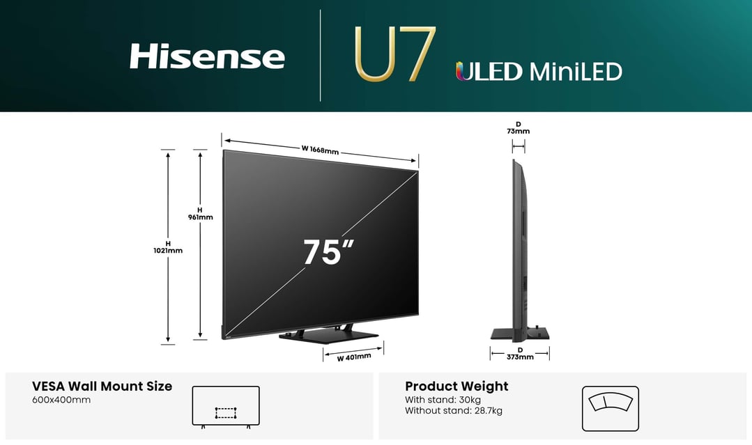 Hisense 55" U7QAU 4K QLED 165Hz Smart TV (2025) 55U7QAU