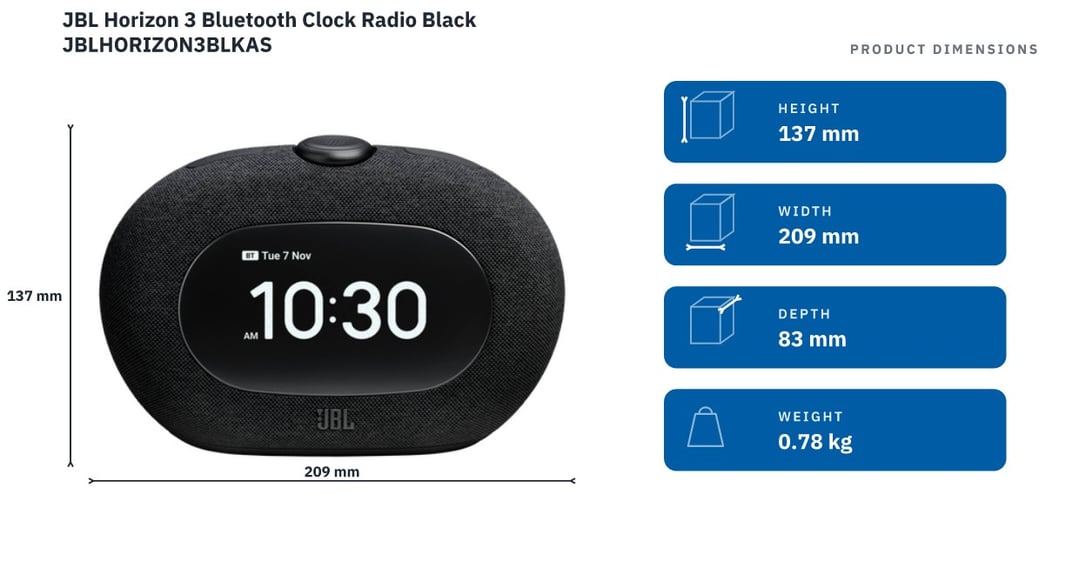 JBL Horizon 3 Bluetooth Clock Radio Black JBLHORIZON3BLKAS — product dimensions