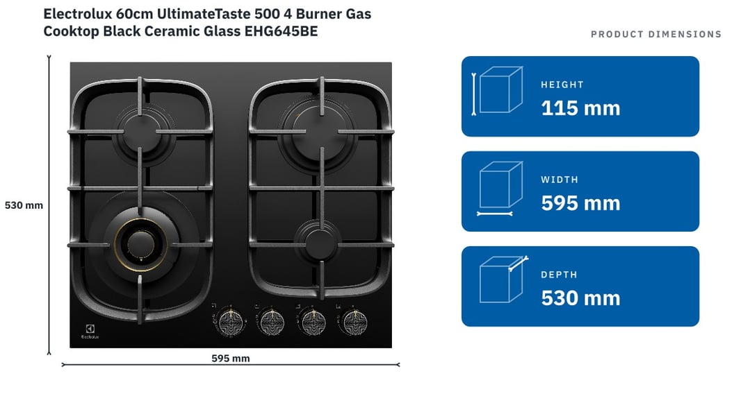 Electrolux 60cm UltimateTaste 500 4 Burner Gas Cooktop Black Ceramic Glass EHG645BE — product dimensions