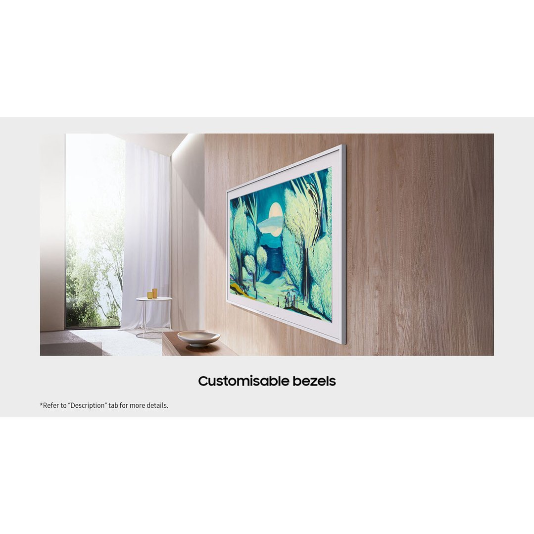 The Frame QLED 4K Smart TV displaying artwork, mounted on a wooden wall