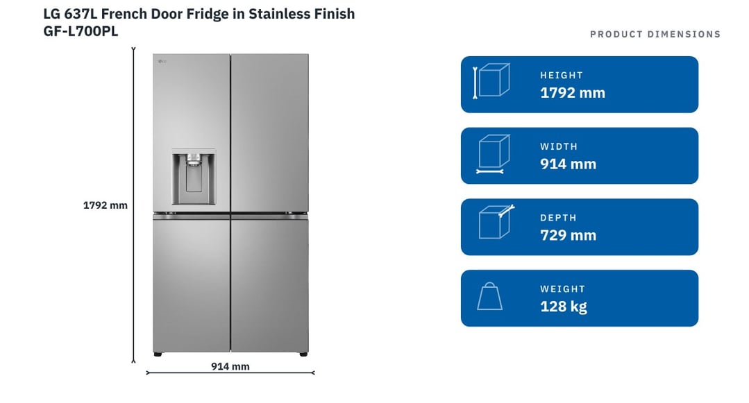 LG 637L French Door Fridge in Stainless Finish GF-L700PL — product dimensions