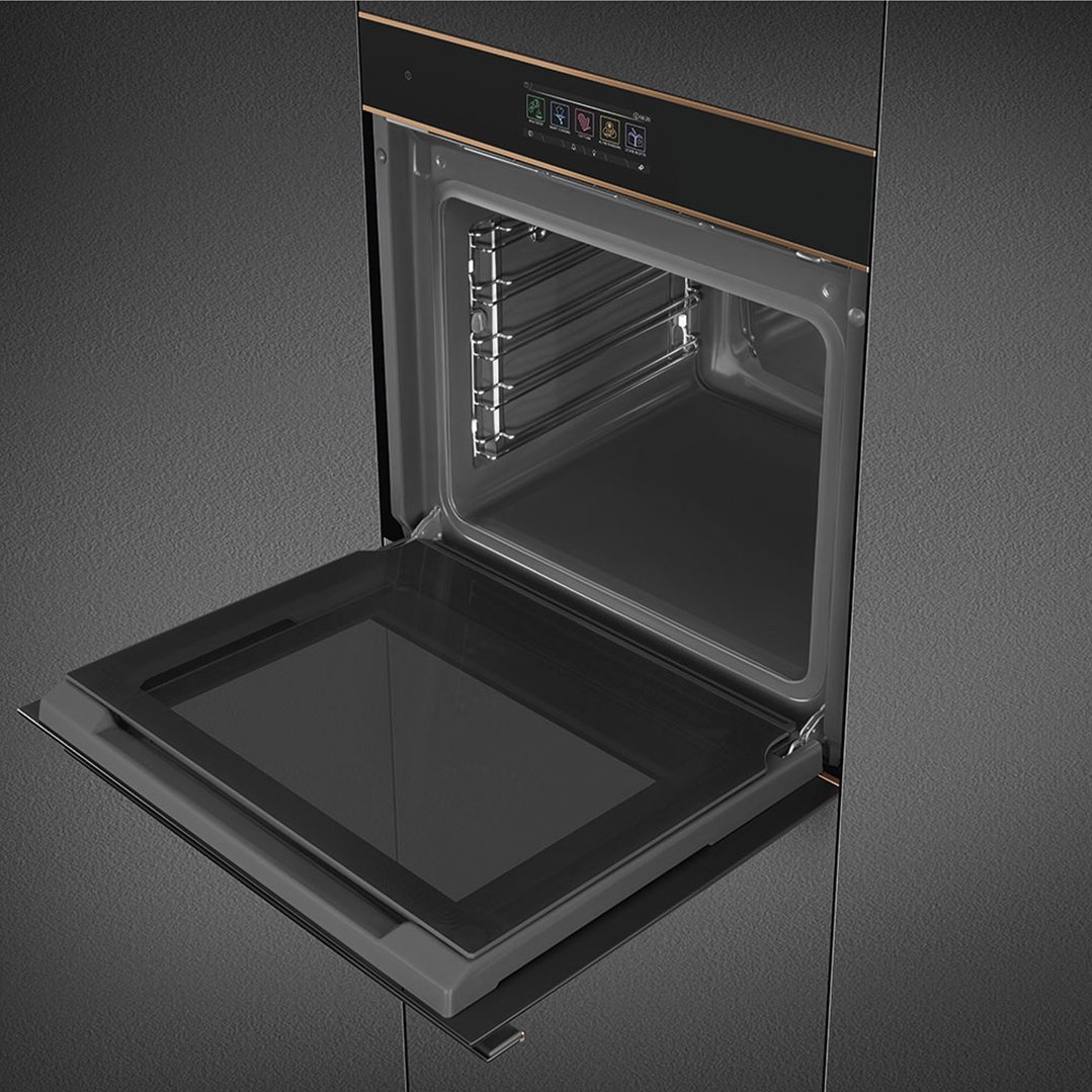 Built-in oven with door open, showing interior racks and control panel