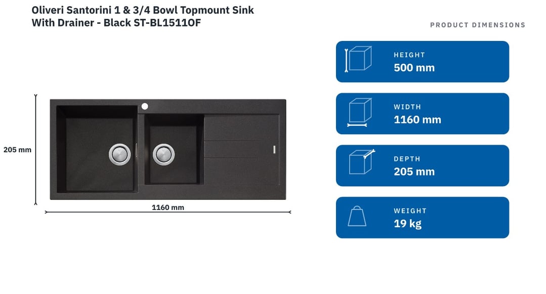 Oliveri Santorini 1 & 3/4 Bowl Topmount Sink With Drainer - Black ST-BL1511OF — product dimensions