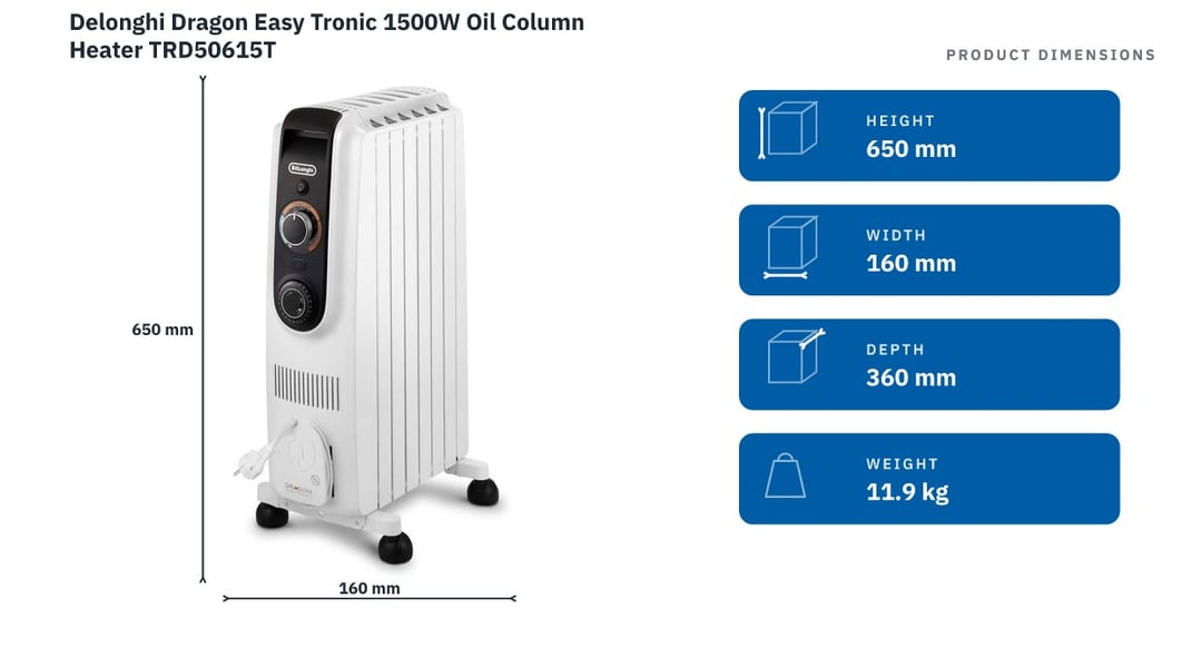 Delonghi Dragon Easy Tronic 1500W Oil Column Heater TRD50615T — product dimensions